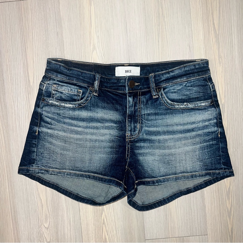 BKE Women's Dark Blue Distressed Denim Shorts